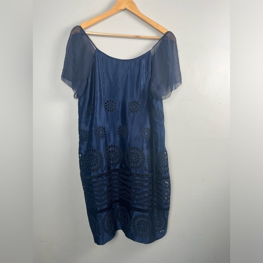 J.Crew Collection Blue Eyelet Mini Silk Navy sheer sleeves dress size 10 NWT